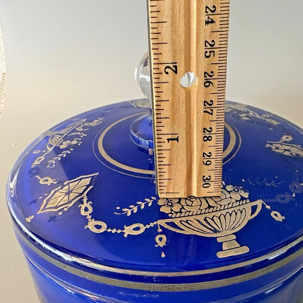 RARE Antique Cobalt Blue Round Glass Box Lidded Silver Accents 1930s Powder Puff